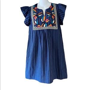 I Love Navy Blue Cotton Dress with Fluttering Sleeves Embroidered Chest Small